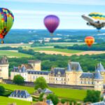 Hot air balloon floating above French castles and vineyards